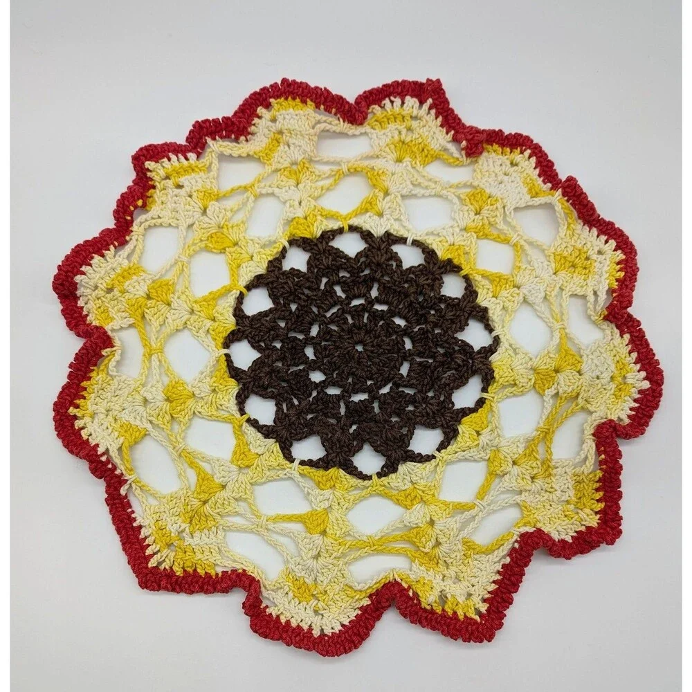 Retro Hand Crocheted Round Cotton Doily Brown Yellow Red Color Changing 15